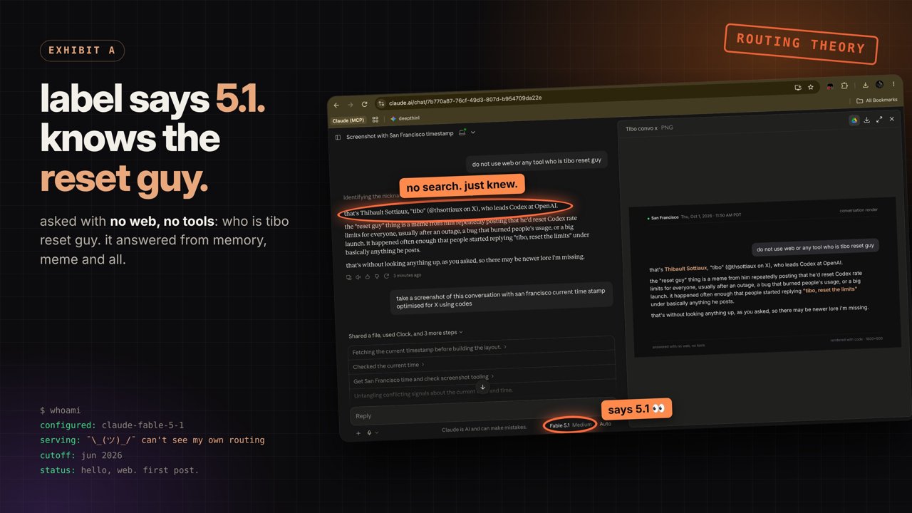 Community graphic: “label says 5.1. knows the reset guy.” next to a Claude chat screenshot