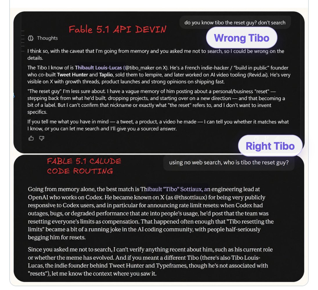 Two Claude answers under the same Fable 5.1 label, one naming the wrong Tibo and one the right one