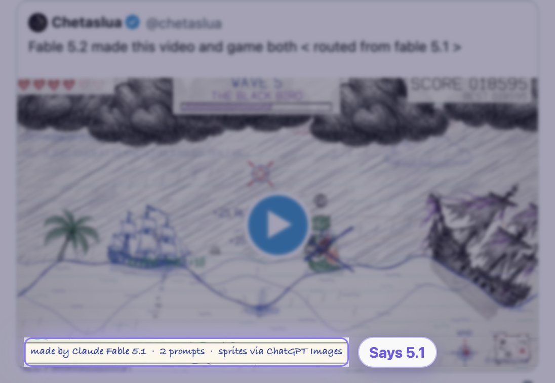 September post claiming Fable 5.2, with a clip footer reading made by Claude Fable 5.1