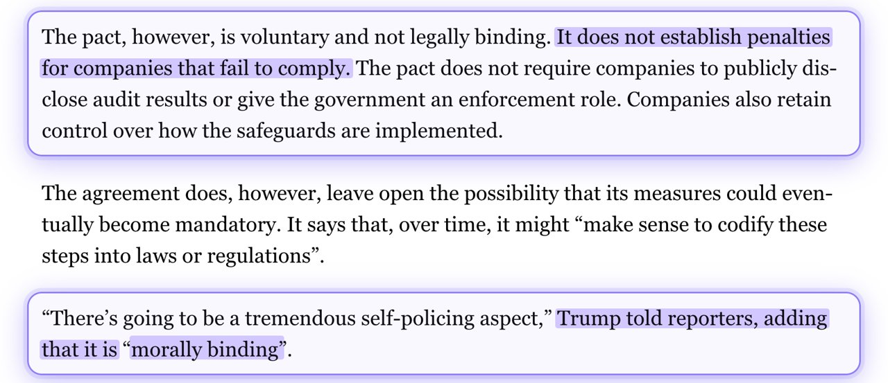Al Jazeera: the pact sets no penalties; Trump calls it morally binding