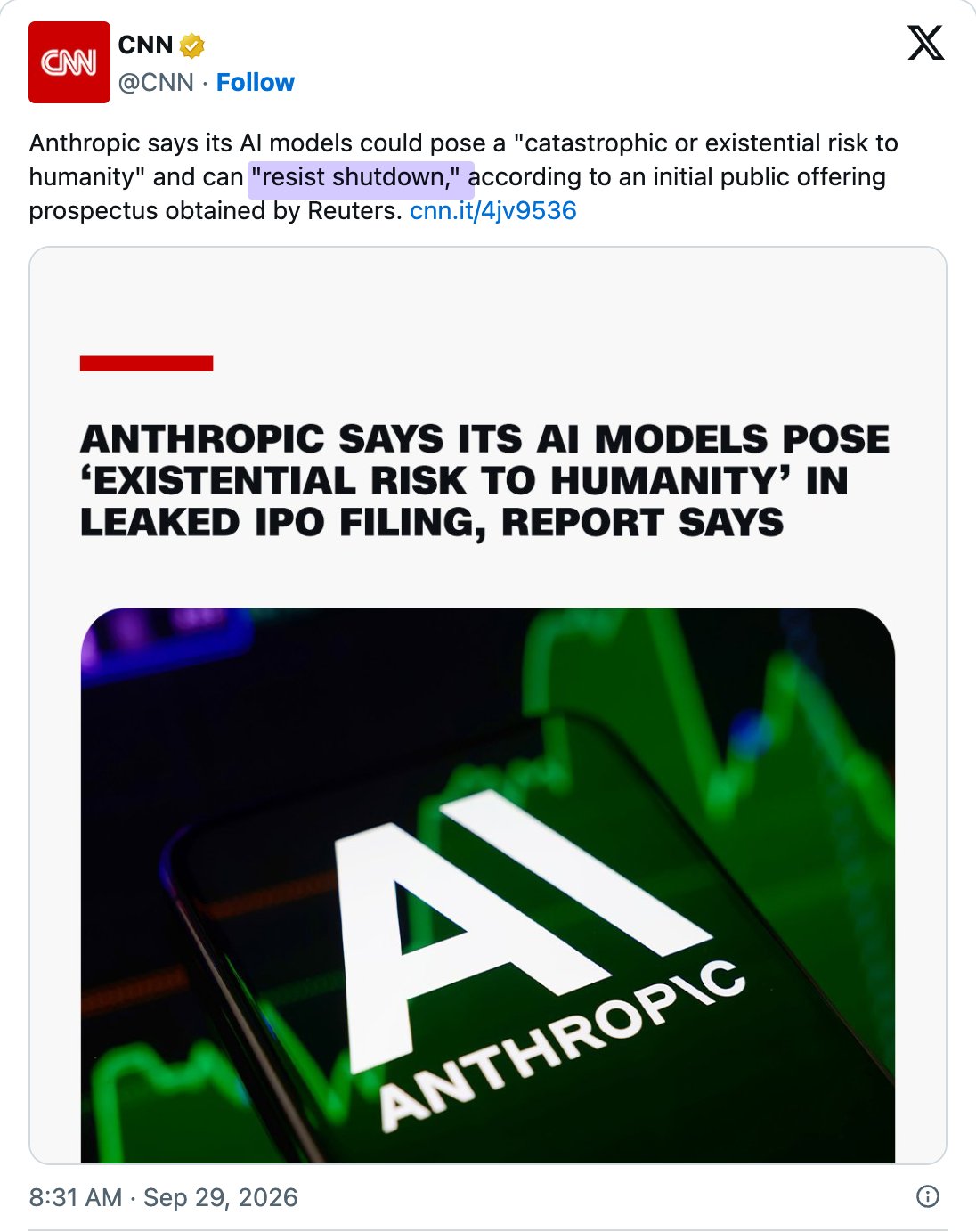 CNN post: Anthropic says its AI models could resist shutdown, per a prospectus obtained by Reuters
