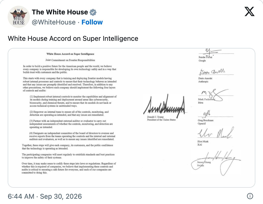 The White House Accord on Super Intelligence, with signatures from Trump, Pichai, Amodei, Zuckerberg, Brockman, Musk and Huang
